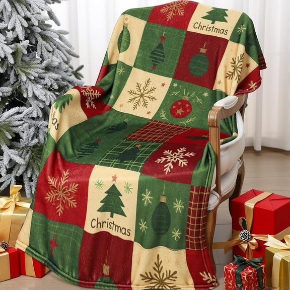 Christmas Flannel Blanket Throw Red Green Checkered Blanket Christmas Tree Snowflake Soft Fuzzy Cozy Throw for Couch Bedroom Sofa Travel Bed Xmas Decor, 50 x 60 Inch