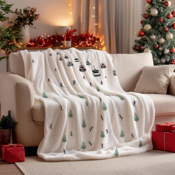 Christmas Flannel Blanket Throw, Ropeway Skiing Soft Fuzzy Plush Cozy Fleece Blankets for Couch Sofa Bed Lounging, Ideal Gifts for Users Adults Wife Self, 50x60