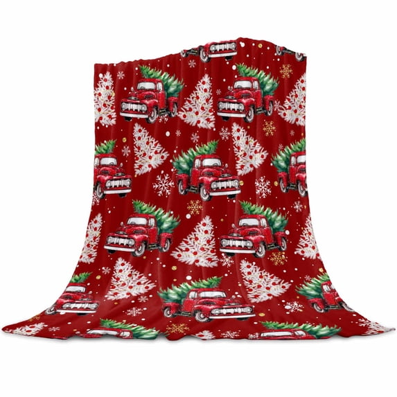 Christmas Flannel Blanket for Bed,Travel and Camping, Christmas Truck Xmas Pine Tree Snowflakes Red Super Soft Cozy Blanket for All Seasons 40" x 50"