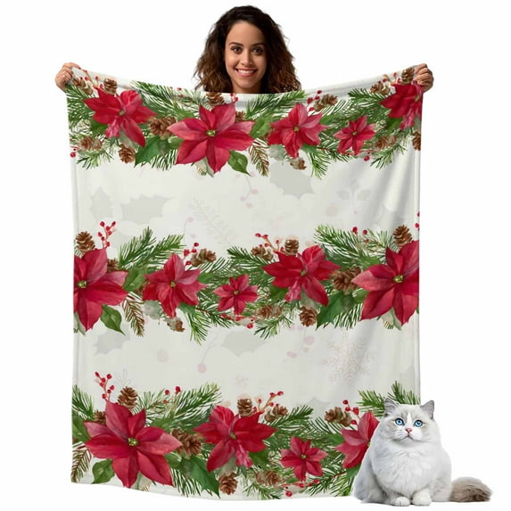 Christmas Flannel Blanket for Bed,Travel and Camping, Poinsettia Leaf Winter Floral Super Soft Cozy Blanket for All Seasons 30"x40"