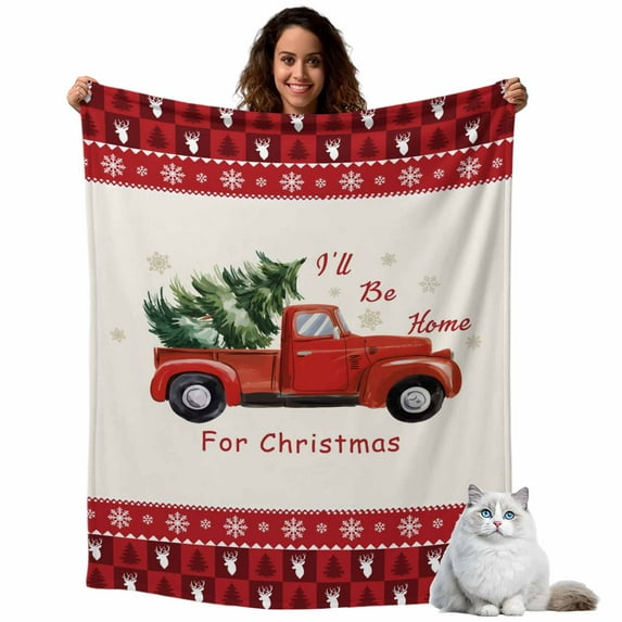 Christmas Flannel Blanket for Bed,Travel and Camping, Red Christmas Trucks Pine Tree Snow Farm Beige Super Soft Cozy Blanket for All Seasons 30"x40"