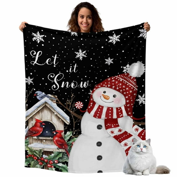 Christmas Flannel Blanket for Bed,Travel and Camping, Red Hat Snowman Xmas Cardinal Bird House Black Super Soft Cozy Blanket for All Seasons 50"x60"