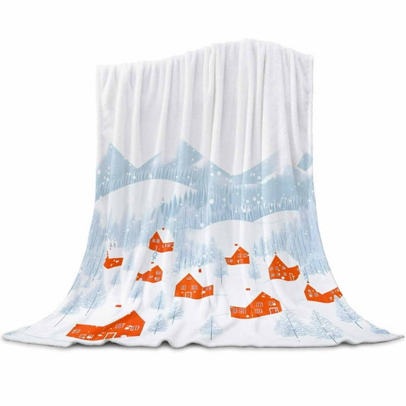 Christmas Flannel Blanket for Bed,Travel and Camping, Winter Blue Snowing Town Watercolor Simple Super Soft Cozy Blanket for All Seasons 30"x40"