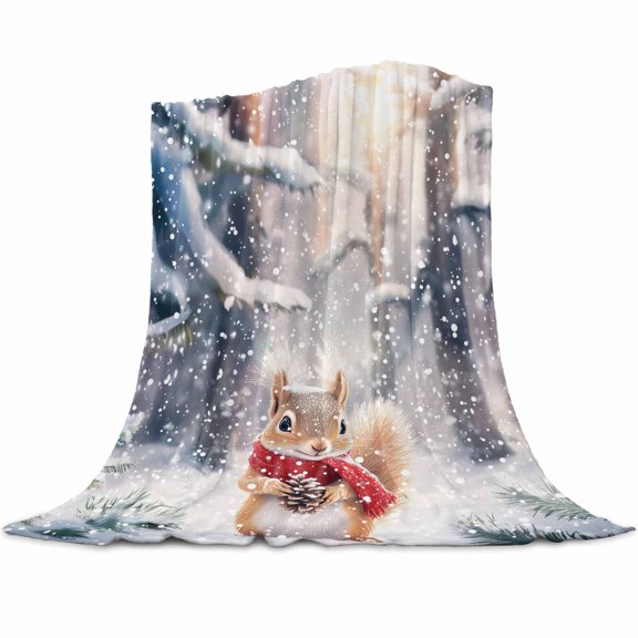 Christmas Flannel Blanket for Bed,Travel and Camping, Winter Pine Forest Cute Squirrel Snowfall Super Soft Cozy Blanket for All Seasons 60"x80"