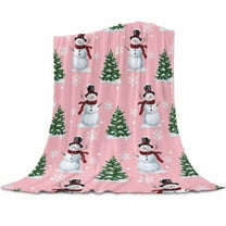 Christmas Flannel Blanket for Bed,Travel and Camping, Winter Snowman Christmas Tree Snowflakes Pink Super Soft Cozy Blanket for All Seasons 32" x 48"