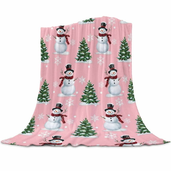 Christmas Flannel Blanket for Bed,Travel and Camping, Winter Snowman Christmas Tree Snowflakes Pink Super Soft Cozy Blanket for All Seasons 32" x 48"