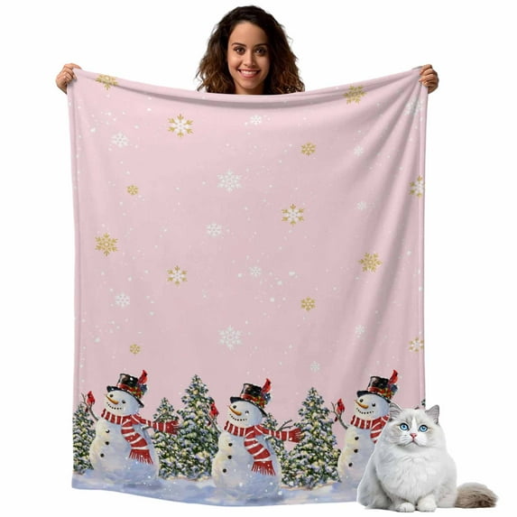 Christmas Flannel Blanket for Bed,Travel and Camping, Winter Xmas Snowman Pine Tree Snowflakes Pink Super Soft Cozy Blanket for All Seasons 32"x48"