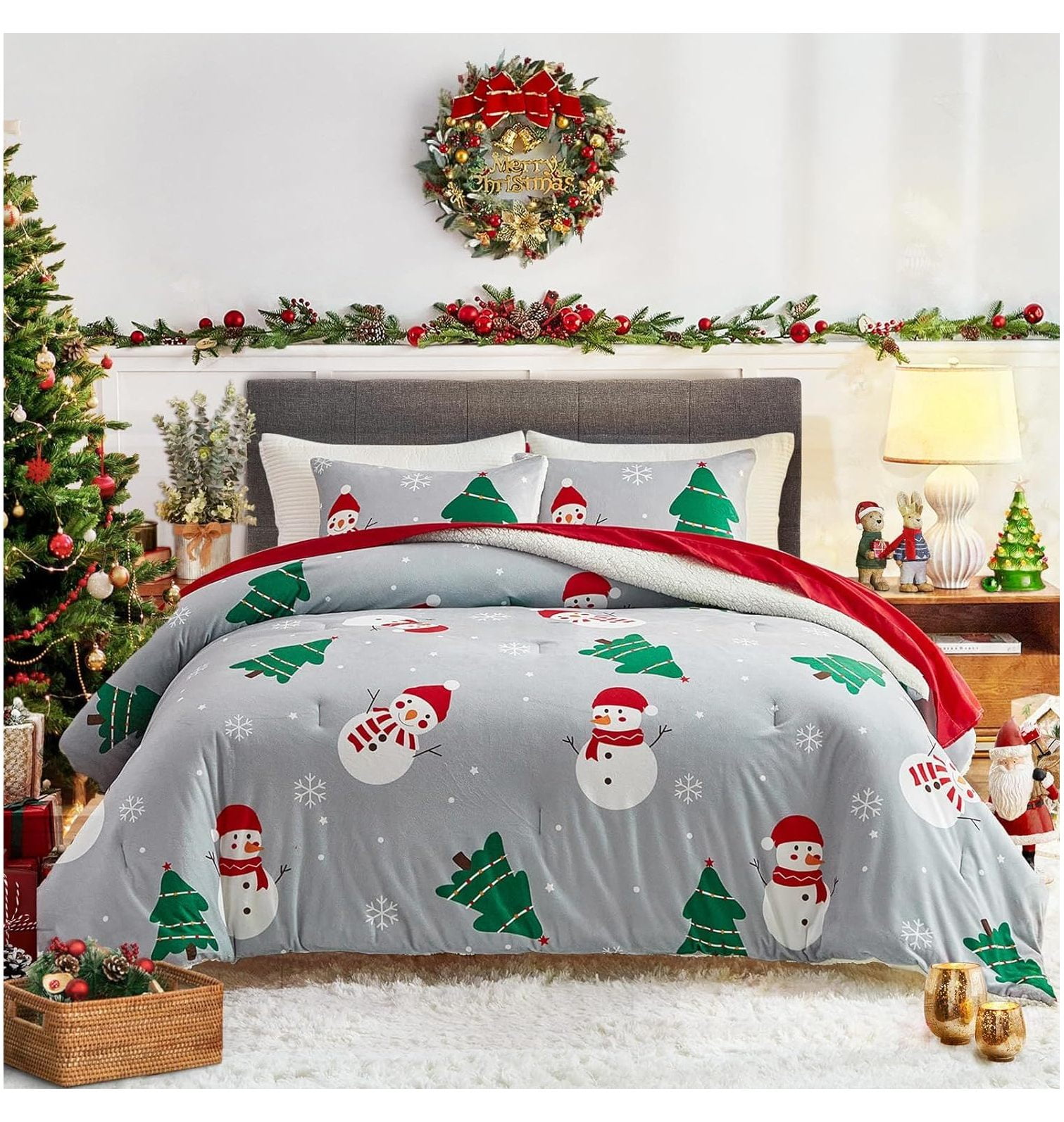 Christmas Flannel Comforter Set Queen Size 3 Pieces Gray Snowman