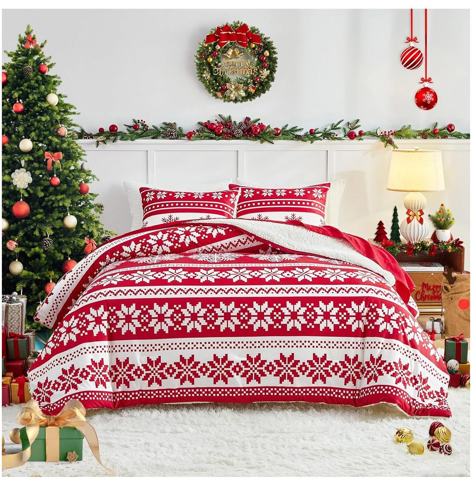 Christmas Flannel Fleece Comforter Set 3 Pieces Queen Size, Red and