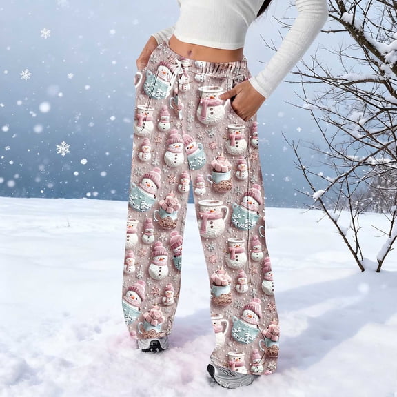 Christmas Flannel Pajama Pants Women Elastic Waist Holiday Print Wide Leg Lounge Bottoms with Pockets Winter Warm Cozy Sleepwear Pj Pants