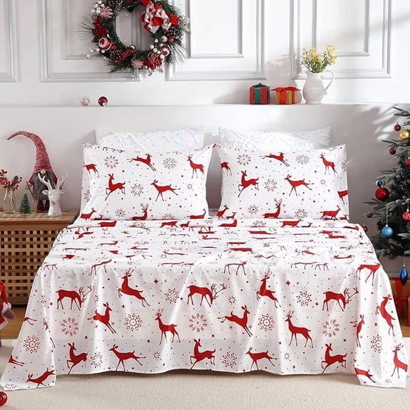 Christmas Flannel Sheets Queen, 100% Cotton Printed Bed Sheet Set, Soft Brushed Flannel, 16 Inches Deep Pocket Winter Warm Sheets 4 Piece (Red Christmas Reindeer, Queen)