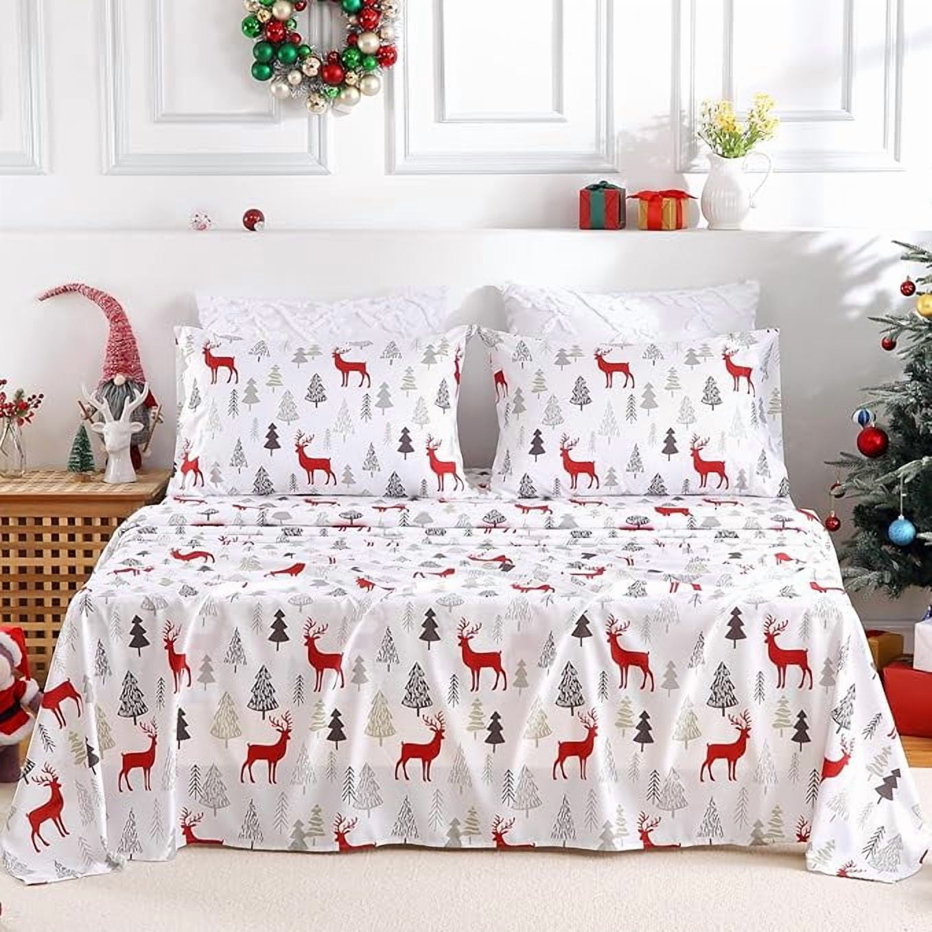 Christmas Flannel Sheets Queen, 100% Cotton Printed Bed Sheet Set, Soft ...
