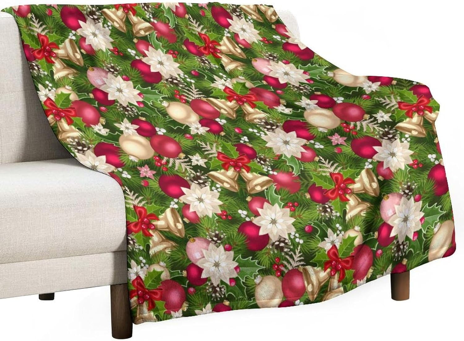 Christmas Flannel Throw Blanket Branches Spruce Green Leaves Red Gold