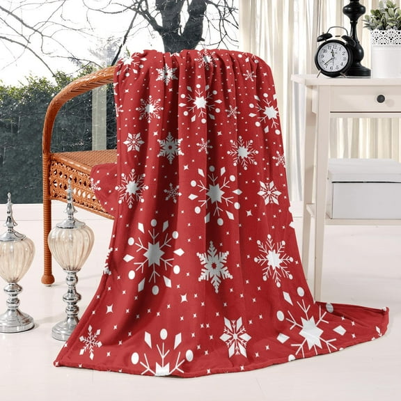 Christmas Flannel Throw Blanket with Reindeer and Snowflakes, 50x60 Inch Soft Plush Holiday Blanket - Cozy Red Green Decor for Couch, Bed and Living Room
