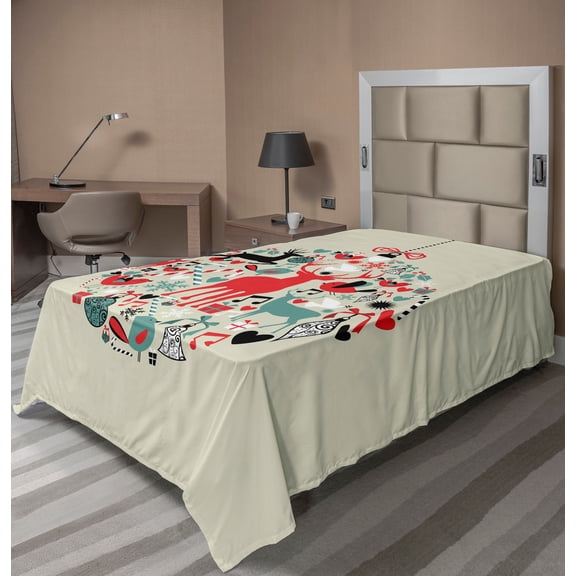 Ambesonne Christmas Flat Sheet, Traditional Motif, TwinXL Size, Beige and Red