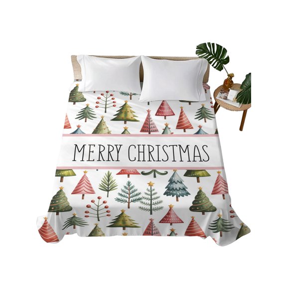Christmas Flat Sheet Only Twin Size, Soft Breathable Bed Top Sheets for Mattress, Winter Watercolor Xmas Pine Trees Luxury Bedding Flat Sheets for Home Hotel Bedroom Bed Protection
