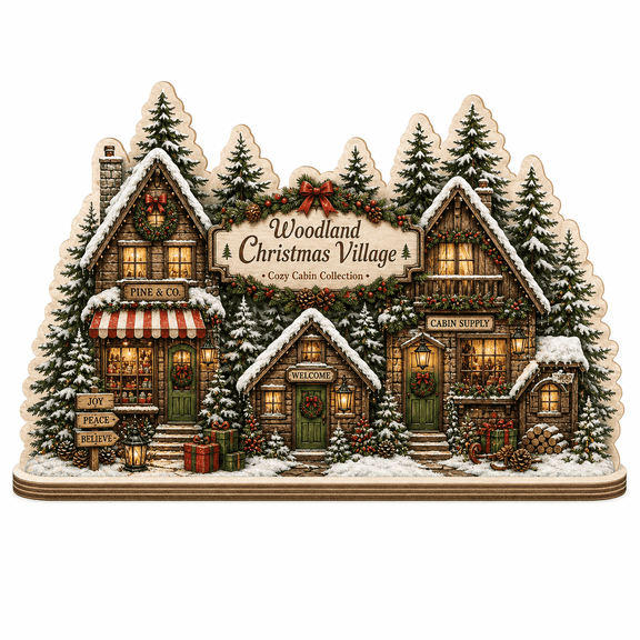 Christmas Flat Wooden Plaque Woodland Christmas Village Wood Tabletop Display for Winter Holiday Decor