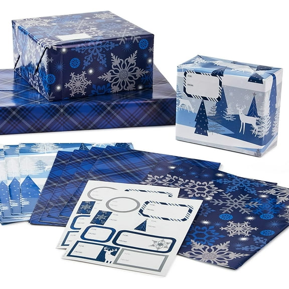 Christmas Flat Wrapping Paper Sheets with Gift Tag Seals - Snowflakes, Deer, Tartan Plaid (12 Sheets, 16 Gift Tag Stickers) for Holiday Parties, Hanukkah, Winter Weddings
