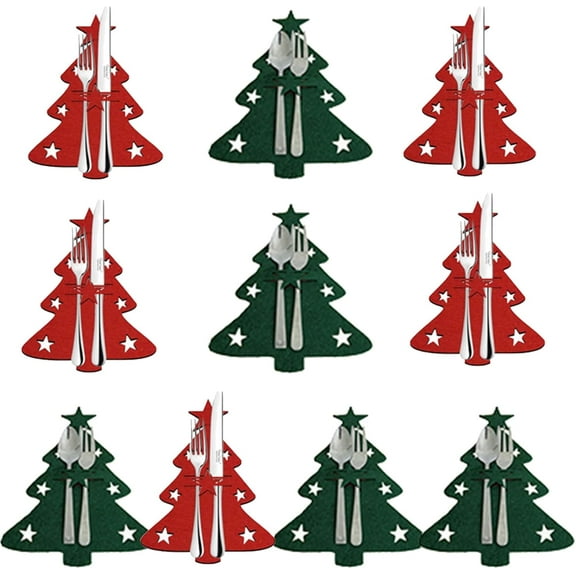 Christmas Flatware Holder Silverware Tableware Holders Cutlery Pockets Xmas Tree Dinner Knife Fork Covers for Home Holiday Party Place Settings Table Gifts and Ornaments Decorations (10Pcs)