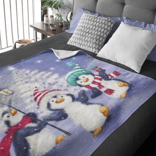 Christmas Fleece Blanket for Bed, 50"x60" Cute Penguin Fleece Throw Blanket for Kids & Adults - Super Soft Plush Christmas Blanket Throw Plush Blanket for Snow Lovers- Queen Size Blanket