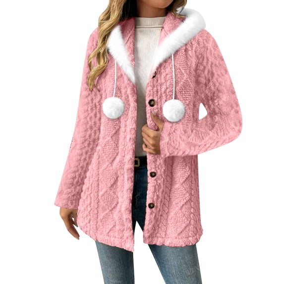 Christmas Fleece Jackets for Women, Casual Knit Faux Fur Hooded Cardigan Sweaters, Button Down Warm Jackets Winter Blouses