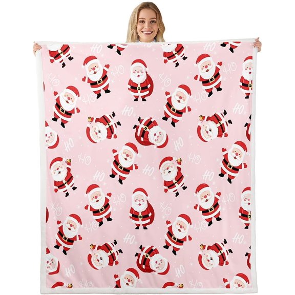Christmas Fleece Throw Blanket Cartoon Santa Claus Comforter Cover for Bed Sofa Couch Kids Kawaii Xmas Theme Sherpa Blanket Pink New Year Breathable Fuzzy Blanket Room Decor Throw 50"x60"