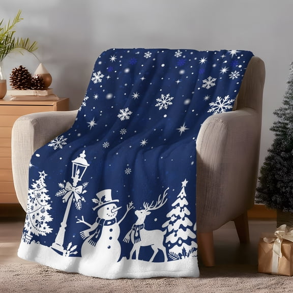 Christmas Fleece Throw Blanket Lightweight Navy Blue White Snowing Silhouette Snowman Xmas Tree Fuzzy Flannel Throws Super Soft Cozy Flannel Blanket for Couch, Sofa, Bed, Travel 30"x40"