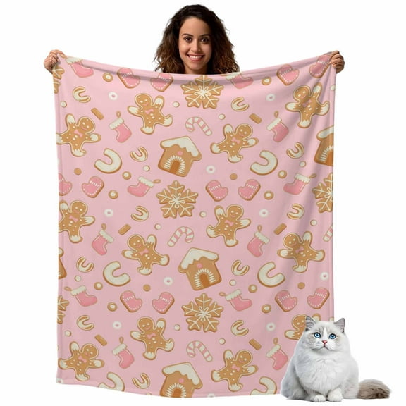 Christmas Fleece Throw Blanket Lightweight Pink Gingerbread Man Cookie House Candy Cane Snow Fuzzy Flannel Throws Super Soft Cozy Flannel Blanket for Couch, Sofa, Bed, Travel 60"x80"