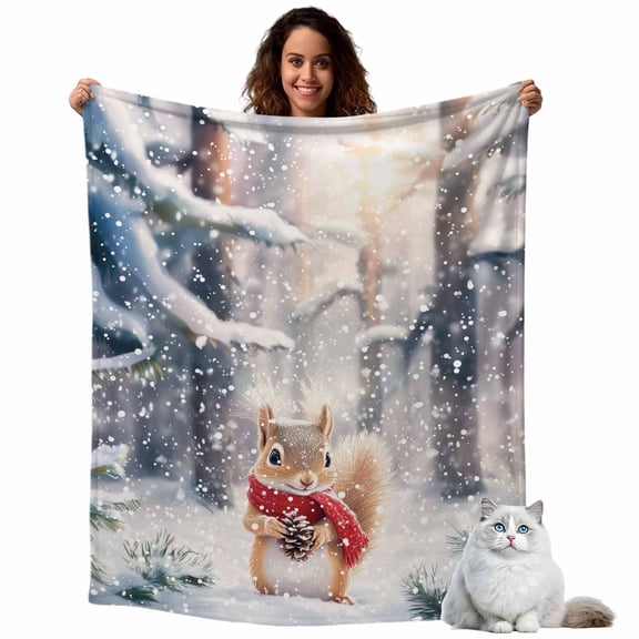 Christmas Fleece Throw Blanket Lightweight Winter Pine Forest Cute Squirrel Snowfall Fuzzy Flannel Throws Super Soft Cozy Flannel Blanket for Couch, Sofa, Bed, Travel 40"x50"