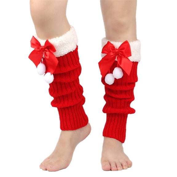 Christmas Fleece Trim Warm Leg Warmers Sweet Plush Balls Bows Knitted Boot Covers Footless Socks for Women