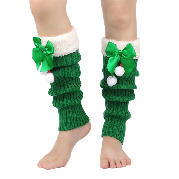Christmas Fleece Trim Warm Leg Warmers Sweet Plush Balls Bows Knitted Boot Covers Footless Socks for Women
