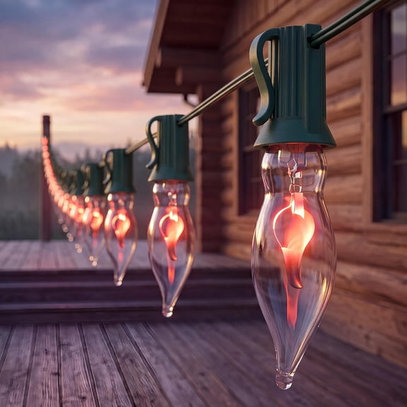 Christmas Flicker Flame String Lights, 10Ft Amber Flame Lights Outdoor Patio Lights C18 Christmas String Lights for Outdoor Halloween Christmas Decoration- Green Wire