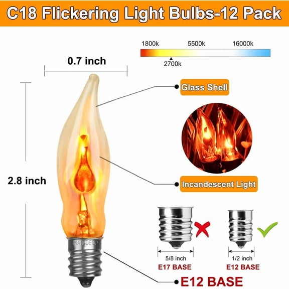 Christmas Flickering Light Bulbs 12 Pack C18 Flicker Flame Light Bulbs E12 Base Flickering Flame Bulbs 1 Watt/120 Volts for Candelabra Window Candle Lamp Christmas Replacement Bulbs