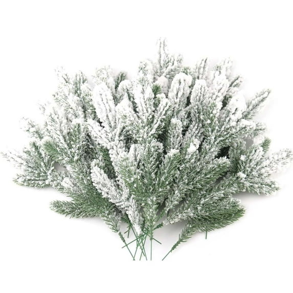 Christmas Flocked Branches Artificial Pine Needle Stems Lifelike Faux Cedar Greenery for Festive Centerpieces & Wreath Embellishments(White)