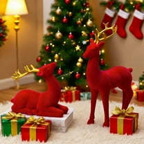 Christmas Flocked Elk Decor Set Standing and Lying Deer Tabletop Centerpiece Farmhouse Holiday Home Decor Red White Xmas Gift