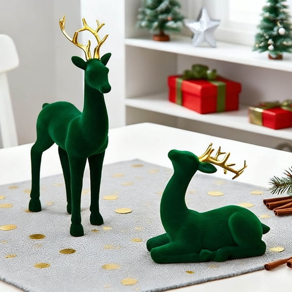 Christmas Flocked Elk Decoration Set, Standing Lying Deer Figurine, Tabletop Holiday Decor Red Green