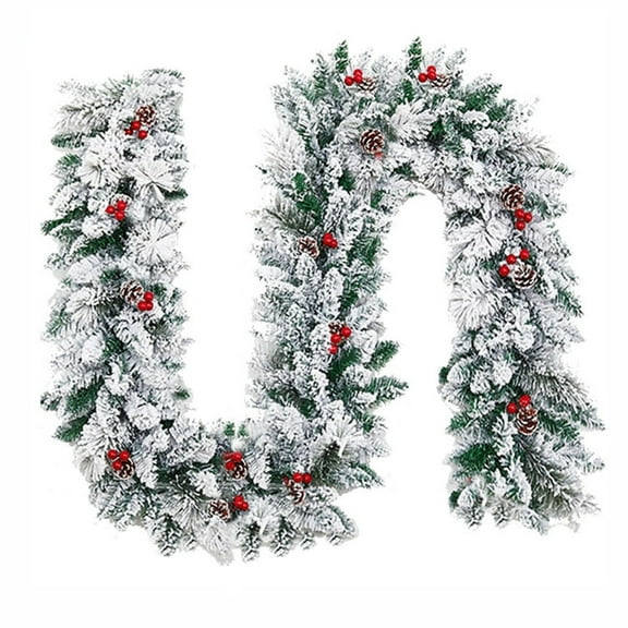 Christmas Flocked Rattan Garland with 30 LED Lights Pinecone Red Berry Decor for Fireplace Mantel Staircase