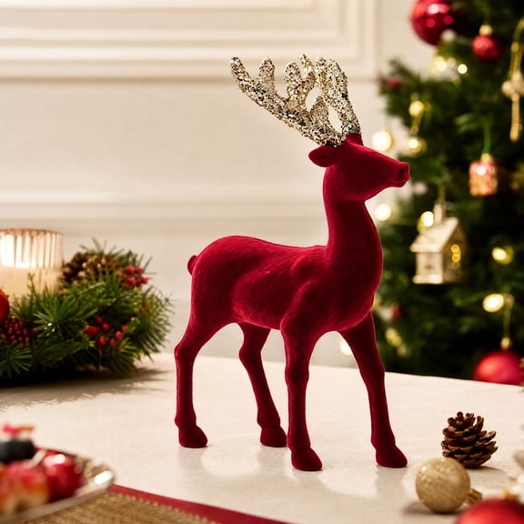 Christmas Flocked Reindeer Standing, Burgundy Velvet Deer Statue with Glitter for Desk, Mantel, Holiday Decor