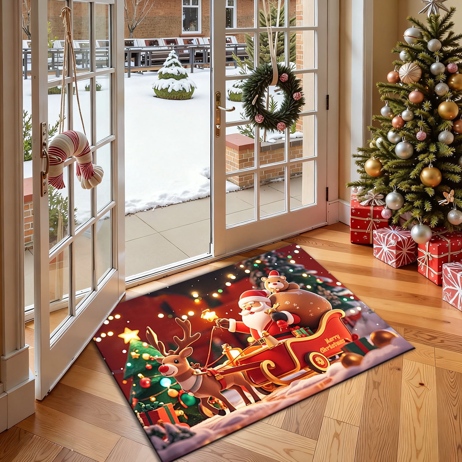 Christmas Floor Mat 24x16 Inches Holiday Reindeer Santa Design
