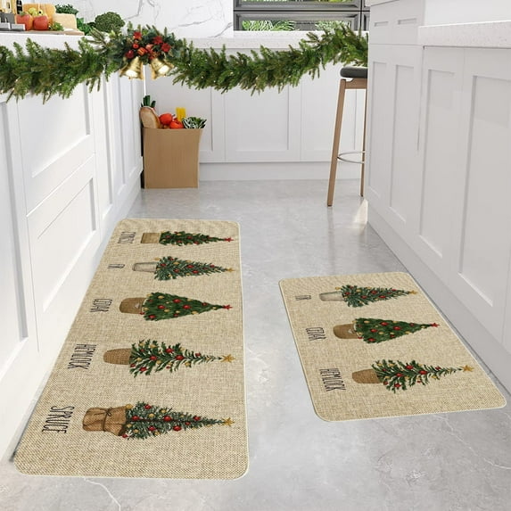 Christmas Floor Mat, Absorbent Kitchen Mat, Holiday Decorative Non-Slip Entry Door Rug for Sink and Bathroom, Set of 2 Reversible Washable Mats in Red Blue White
