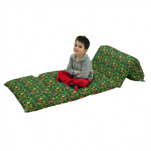 Christmas Floor Pillow Lounger Cover, Xmas Accessories Stockings Candies Horse Teddy Bear Toys on Pine, Nap Mat Printed Fabric Case for 5 Pillows, 88" x 36", Dark Green Brown and Red, by Ambesonne