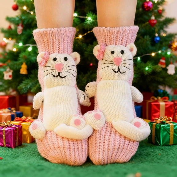 Christmas Floor Socks for Women and Teens, Handmade Knit Cute Animal Socks, Warm Cozy Winter Socks Holiday Gift(C)