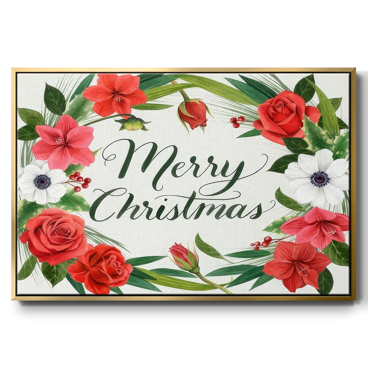 Christmas Flora Wreath Collection A - Framed Gallery Wrapped Holiday Canvas - 17 x 25 - Gold Frame