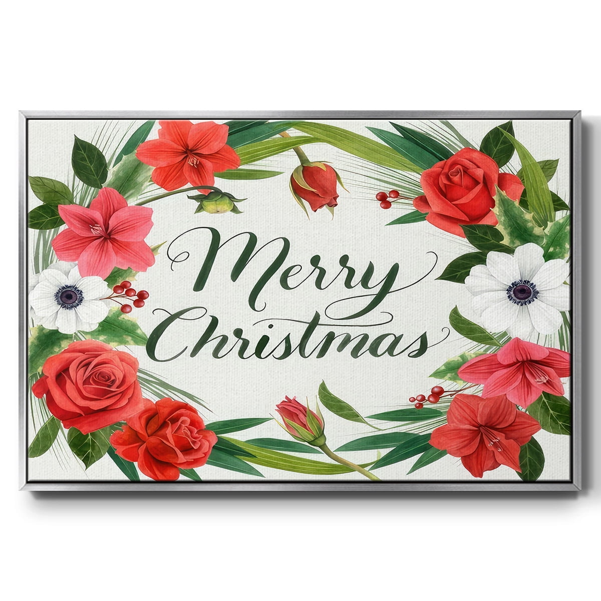 Christmas Flora Wreath Collection A - Framed Gallery Wrapped Holiday Canvas - 17 x 25 - Silver Frame