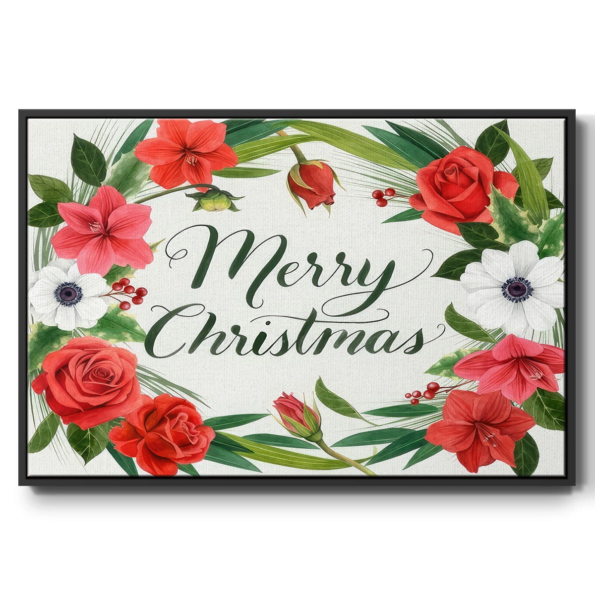 Christmas Flora Wreath Collection A - Framed Gallery Wrapped Holiday Canvas - 25 x 37 - Black Frame