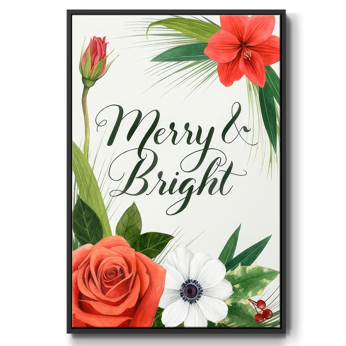 Christmas Flora Wreath Collection B - Framed Gallery Wrapped Holiday Canvas - 17 x 25 - Black Frame