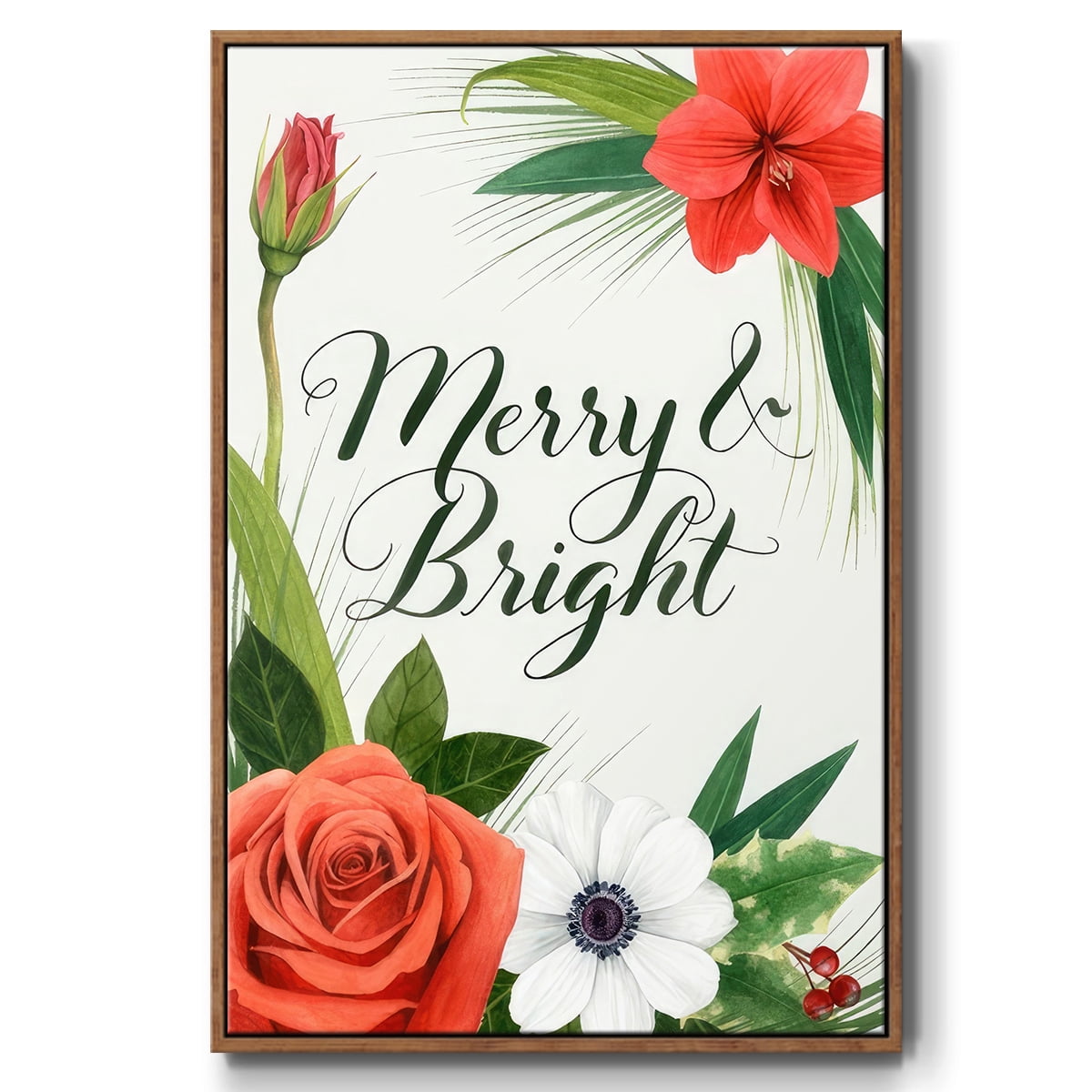 Christmas Flora Wreath Collection B - Framed Gallery Wrapped Holiday Canvas - 17 x 25 - Rosewood Frame