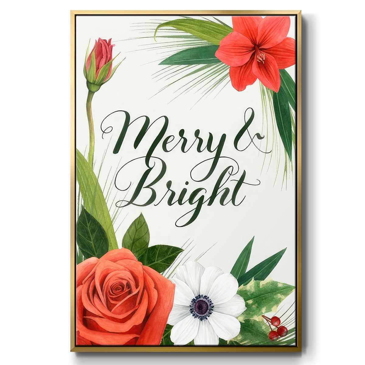 Christmas Flora Wreath Collection B - Framed Gallery Wrapped Holiday Canvas - 25 x 37 - Gold Frame