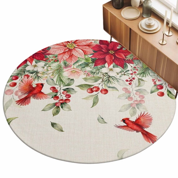 Christmas Floral Area Rug 4', Winter Country Red Flowers Birds Berry ...