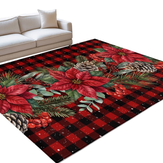 Christmas Floral Area Rug 8'x10', Rustic Poinsettia Flowers Red Black ...